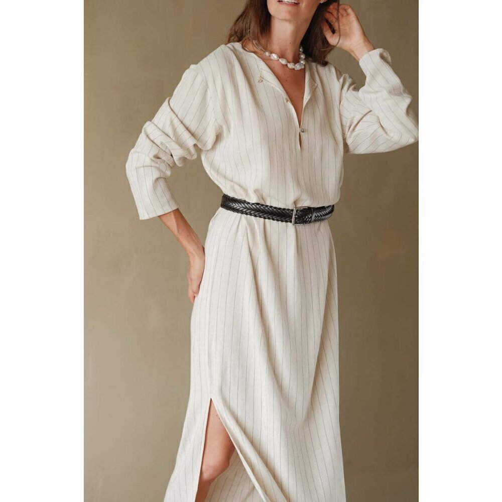 💕DONNI.💕 Pinstripe Tunic Dress ~ Linen Blend Dune Small - Picture 4 of 13